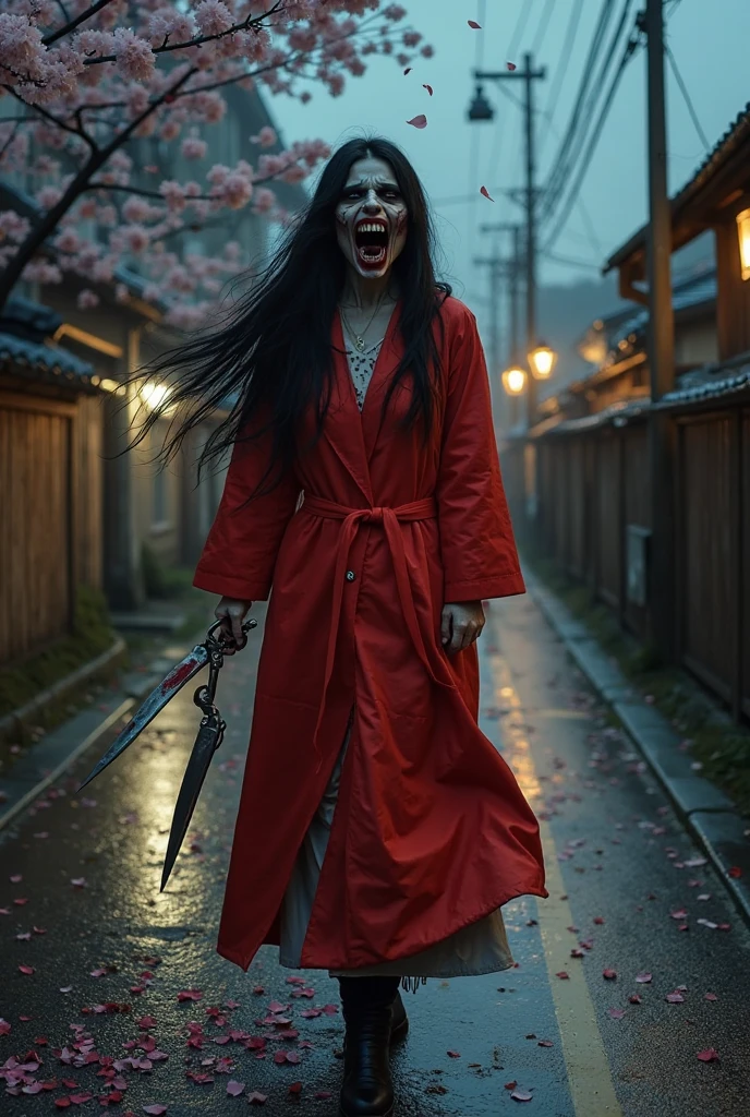 A terrifying Kuchisake-onna ghost woman standing on a quiet Japanese street at night. She is wearing a bright red raincoat, her long black hair flowing in the wind. Her mouth is grotesquely slit from ear to ear, exposed in a haunting grin. She holds a large pair of bloody scissors in one hand. Cherry blossom petals fall around her. The street is wet, illuminated by flickering streetlights and surrounded by old wooden fences and houses. The mood is eerie, cinematic, and darkly atmospheric. –v 6 –ar 9:16 –style cinematic –quality 2