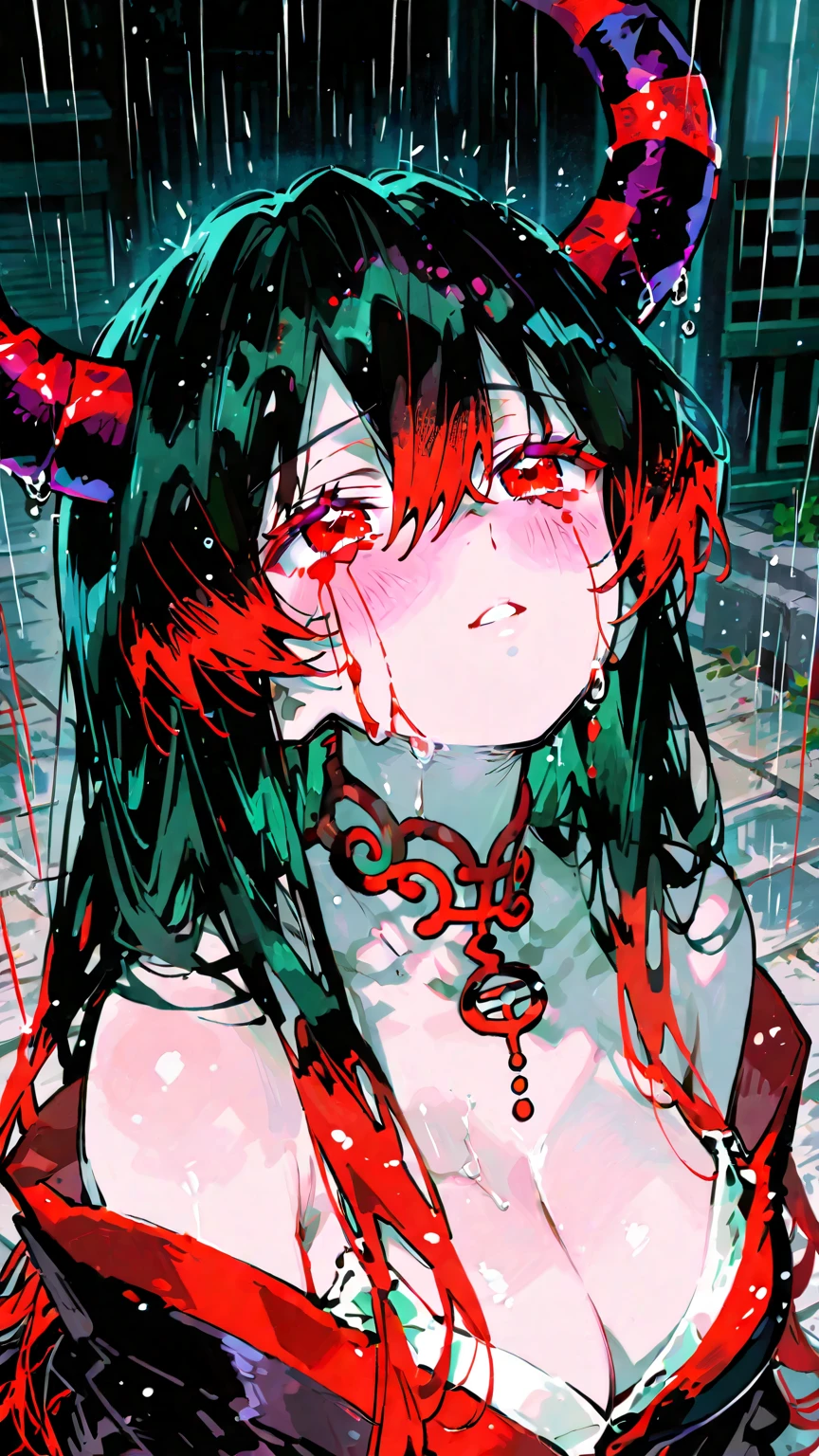 anime girl with Red eyes and blood dripping down her face, with red glowing eyes, with glowing Red eyes, with Red eyes, red-eyed, red-eyed, fully Red eyes, Red eyes, sharp Red eyes, Red eyes glowing, Red eyes, red glowing eyes, with a Red eyes, watery Red eyes, Red eyes, glowing Red eyes