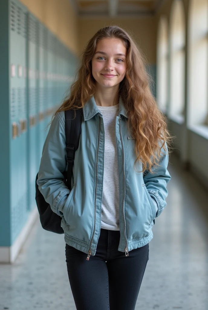 4k,high resolution,realist,15 years,bright redhead,Long and curly hair,Brown eyes,a shy smile,school bag that walks through a world where there are lakes,hills,fire