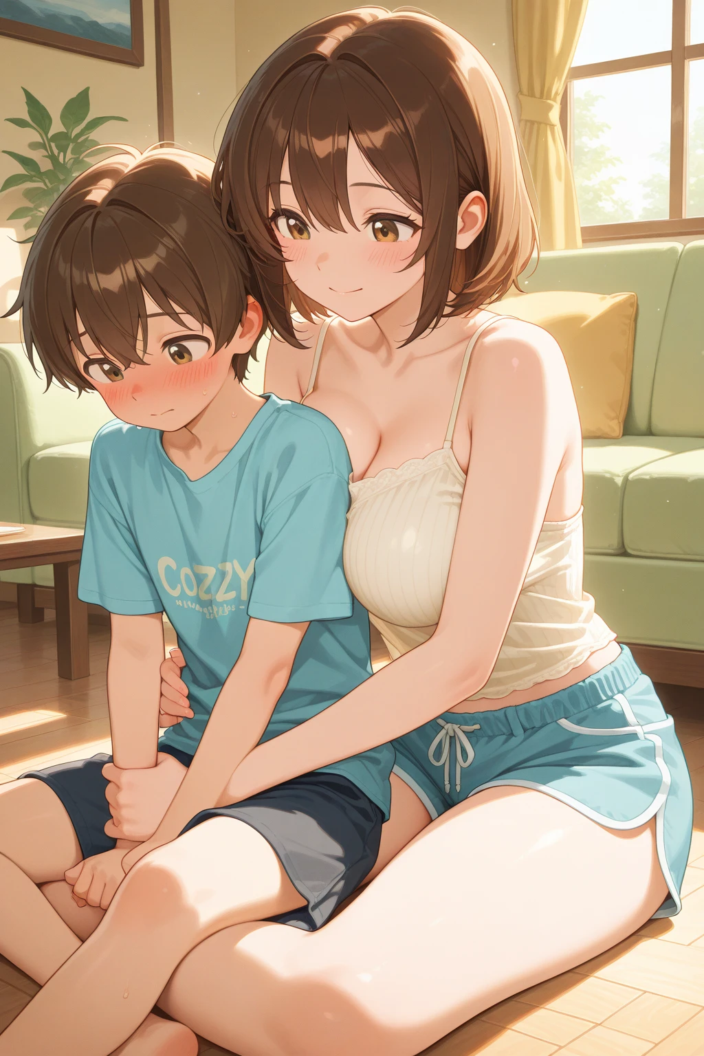Highest quality, High resolution, masterpiece, (Beautiful Eyes), (Fine grain), Detailed face, kumiko oumae, Brown eyes, Brown Hair, short hair, Wavy Hair, smile, blush, indoor, bedroom, whiteいベッド, (Wide pelvis:1.5), (Thick thighs), (white_bra:1.5), (white_Panties:1.5), (９year old small boy), (Put a boy in a headlock:1.5)