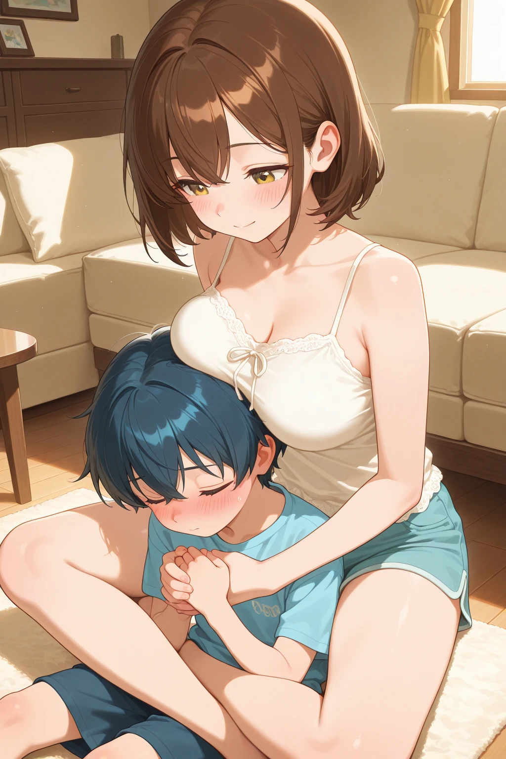 adult mother 50 years old, exposed one breast, bare crotch, pubic hair, has sex with his little son, son looks surprised with bare legs, mother hugs her little son. son inserts penis into mother&#39;s crotch.