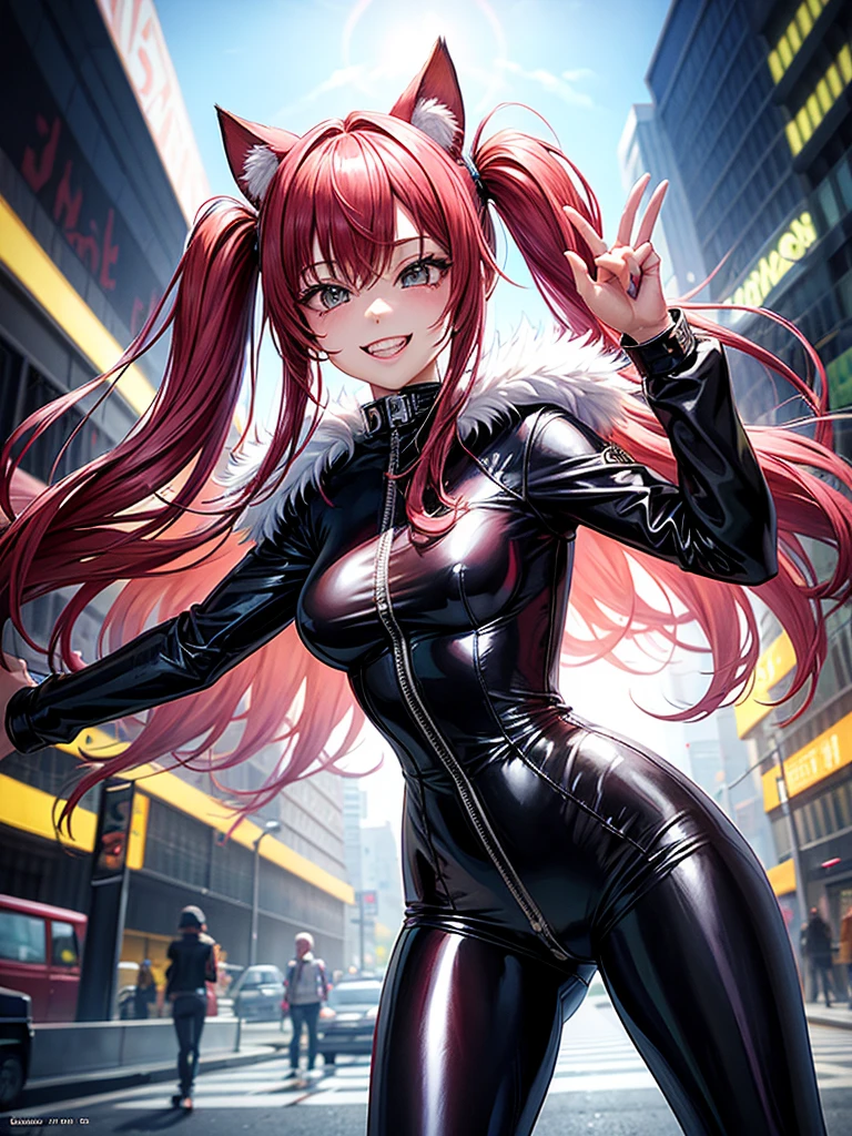 masterpiece, best quality, highres, 1girl, solo, AnnTak, MetaCL, wearing MetaCL, red bodysuit, clothing cutout, kirijoarena, hair over one eye, fur coat, bodysuit, belt, happy, cowbow shot, city street