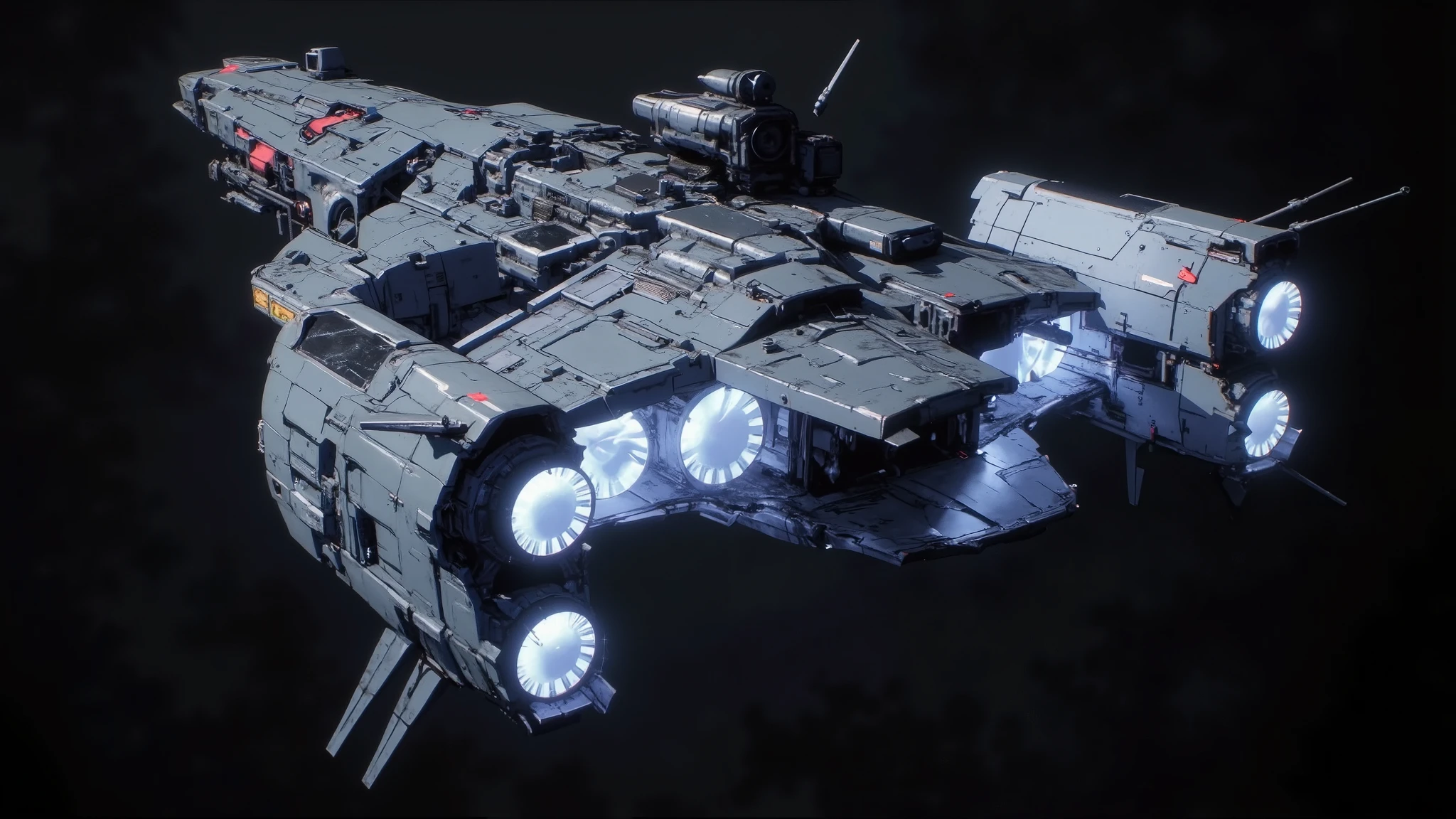 [[Anime Scene]] Masterpiece, ultra-detailed, 90s anime style, dark retro atmosphere. A retro-futuristic cyberpunk spaceship. Defined and perfect lines, 90s anime-style spaceship design, spaceship drawn in anime style. The color palette is cel-shaded, three-tone, with sharp and defined lines typical of 90s anime. The lighting is minimal, with red and blue accents glowing in small indicator lights. Rendered in the style of Vampire Hunter D: Bloodlust, Blame! and Black Lagoon—with a cinematic, gothic, and dark fantasy feel. [[Wide View]] [[High Angle]] High resolution, 32k image, well-defined and sharp art