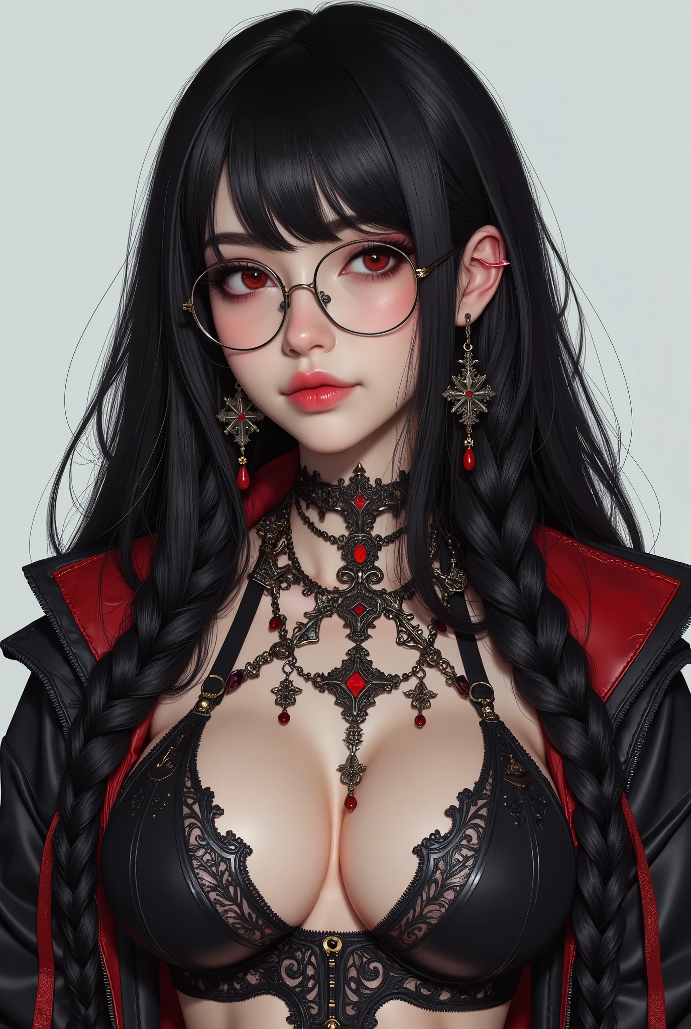 OKですかですか、(best illustrations)、8k UHD resolution、intricate details、highest quality、realistic、Super detailed、best lighting、best shadows、soft lighting、Ultra HD、超realistic、Tyndall effect、Photoreal、(high detail skin:1.2)、 (intricate details, compensate, face to face with the children_v1:0.5), (OK, beautiful and delicate face, OKですか, beautiful and delicate eyes, perfectly proportioned face, high resolution skins, fine skin, Optimal ratio of 4 fingers and 1 thumb, arm under chest, red tattoo on lower abdomen、Wow wow, wide hips, smooth abdomen, thin and thin skin, __fashion__, __hair__:1.25)、Digital single-lens reflex camera、 absurd、(table top: 1.3), (maximum resolution: 1.2), (Ultra HDTV: 1.2), cinematic light, fine eyes and skin, detailed facial features, , (sharp focus: 1.2), (focus on the face:1.2),perfect style, beautiful face, acura, anatomically correct, Highly detailed face and skin texture, fine eyes, double eyelid, thin eyebrows, glitter eyeliner: 1 natural cheeks, Glossy skin, Fair skin: 1.2, (glossy lips: 1.4),(embarrassed look: 1.2),Highly detailed face and skin texture, fine eyes, double eyelid, natural cheeks, glossy lips: 1.4,exposed cleavage、Bewitching。charm、 Beautiful devil woman from hell, Surreal female portraits by David Hockney and Alphonse Mucha, charm女性の肖像画、fantasy art, Chinese humanoid、chinese actress、dungeon、dragon、devil'palace of、devil'torture chamber、night、dark style 、in the dark、(detailed spooky background:0.8), magic、 1 girl、evil nun、dark necromancer、Succubus、devil'Daughter of、Shinonome Umi、bat wings,(((devil'Horn)))、 ((((giant glasses, otaku glasses, thick glasses, round glasses)))),(((big breasts)))、(devil'Tail)、(red eyesは光り輝いて:1.6)、red eyesは非常に鮮明で詳細です, your eyes are made up so beautifully, ((red eyes:1.0)),intricate tattoo, demonic intricate tattoo, tattoo on thigh, body tattoo, masterpiece、最もbeautiful face、baby face、cute smile、beautiful plump red lips、筋肉のcharm体、devilのcharm体、devil style、charmブラックマジックコスチューム、The long-haired、Braid、Black hair、Ponytail distortion、, Ponytail with a bow tied at the back of the hair, beautiful expression、body up、big breasts強調、bust, super tight chest, Breast augmentation surgery, Breasts are very big and round,tight waist、wide ass、 secret key, cowboy lens, (black phoenix dress: 1.0), devil crown, red sparkling gemstone necklace、Jewelry G Wise, Please wear black mesh socks,Wear light red、nffsw, nffsw, meet beautiful girls, look at the girl'body of,
