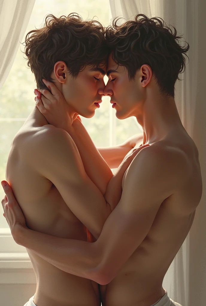 they are two young men embracing each other in a bedroom, muscular men intertwined, two muscular men entwined, alessio albi and shin jeongho, nick silva and ilya kuvshinov, roberto ferri and ruan jia, Kilian Eng and Jake Parker, sakimichan and frank franzzeta