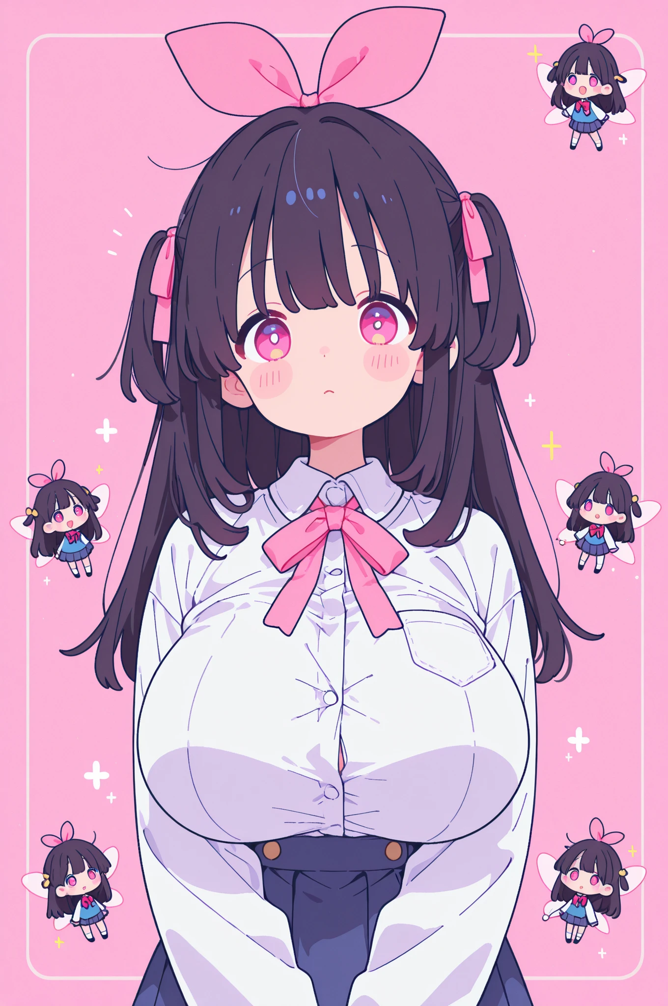 black hair, female, twin drills, solo, smol, pink eyes, massive breasts, very long hair, wear plain white sweater and pink skirt, masterpiece, ultra high quality