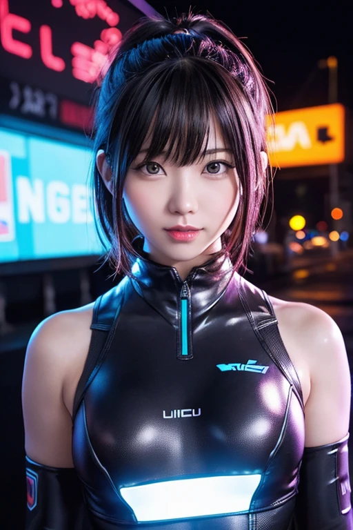 Dark Body 8K Drive Rendering, Teenage Female Cyborg, Purple ponytail hair, In the city of neon lights, action SHOT, bright and complex earrings, closes mouth,  ((a closed mouth)), Skin pores, Detailed complex iris, Very dark lighting, heavy shadow, Detailed and detailed face, ((vibrating, photos realistic, realist, Dramatic, murky, foco nítido, 8?And then)),  ::Futuristic cyberpunk style, , Wear a luminescent iridescent bodysuit, Realistic style, ::n_digital-painting style