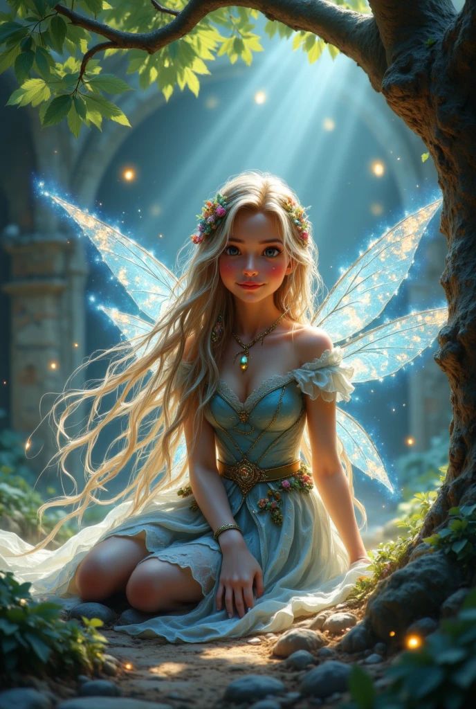 Style-NebMagic, award winning character concept art of, cute fairy with iridescent wings, enchanted forest background, night time, blonde hair, blue eyes, gossamer shimmering dress, blurry_background, breasts, magic mushroom forest, smile, cleavage, hair hair bun, natural lighting, large_breasts, lips, short hair, looking_at_viewer, solo, from from above, highly detailed 8k character concept portrait studio lighting by Annie Leibovitz and Steve McCurry octane render trending on artstation made in Maya 4K high quality digital painting dramatic lighting ,smiling, jubilant, excited, happy