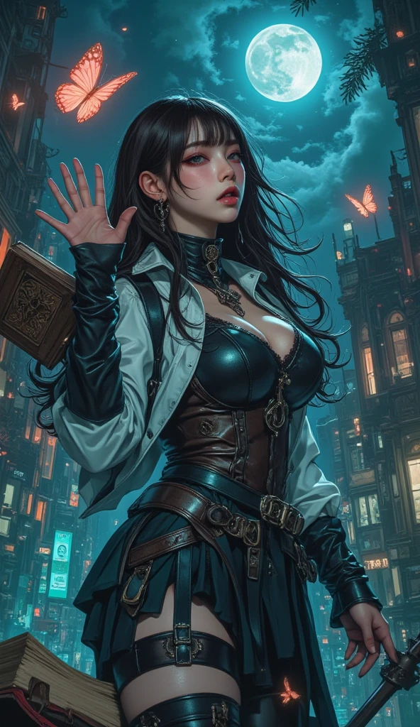Cinema Lighting、highest quality,Cyberpunk World、1 female、Black Theme、(24-year-old beauty、blue eyes)(Black Hair、Medium Hairstyles、hair up to the neck、73 divisions:1.3)(smile)、break.(Glasses:1.3)((Navel exposure、Cleavage)BREAK(Velvet color short blazer in deep burgundy:1.3)over a Rock print short tee,with black leather skinny pants and black boots:1.0), break、 Portrait Angle、(Bright image、In front of the entrance of a huge, modern, futuristic company:1.3)（ビルとビルの隙間から朝日🌅が見える、outside:1.2）