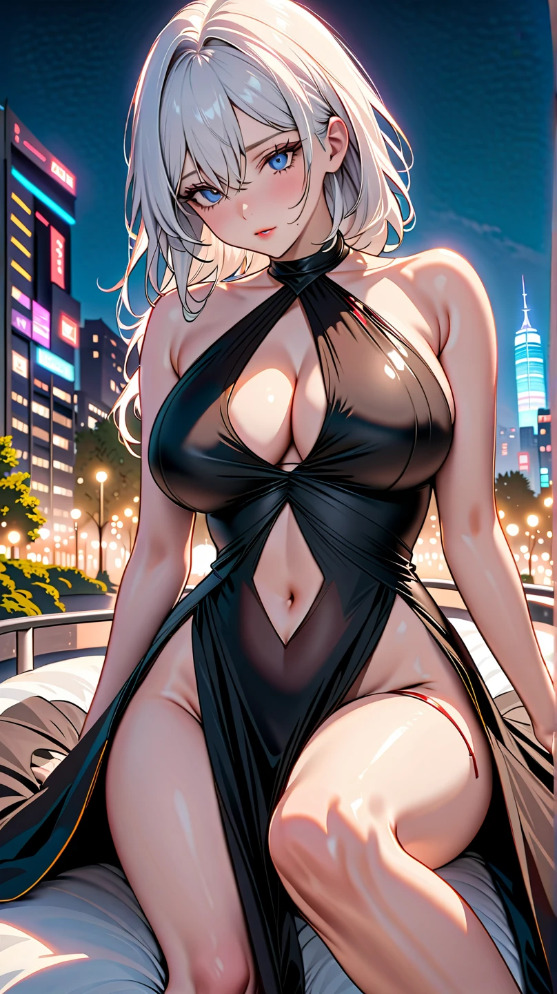 masterpiece, best quality, shadows, dynamic angle, front view, perfect hands, perfect legs, perfect anatomy, pretty face, mature features, 1 girl, 21 years old, mature woman, sexy red dress, city night background, white long hair, thighs, ass, breast, seductive, spicy, posing, cinematography lights,