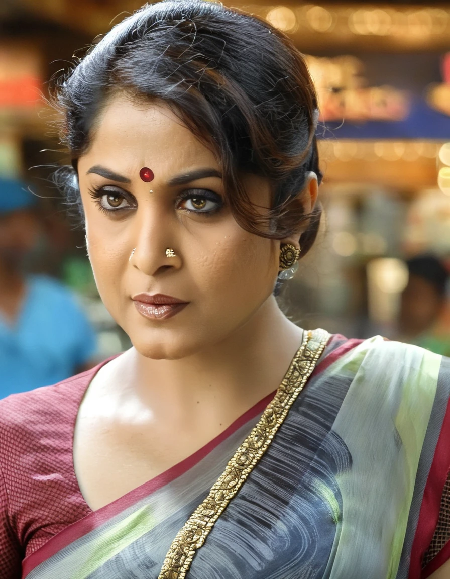 RamyaKrishnan,<lora:RamyaKrishnanSDXL:1>An image of a woman standing straight on, with her head turned slightly to the right, giving a soft side glance. She has neatly pulled-back hair and natural makeup emphasizing her eyes. She wears a patterned short-sleeved top with a round neckline. The lighting is soft and diffuse, highlighting her calm expression, and the background is a blurred indoor public space.