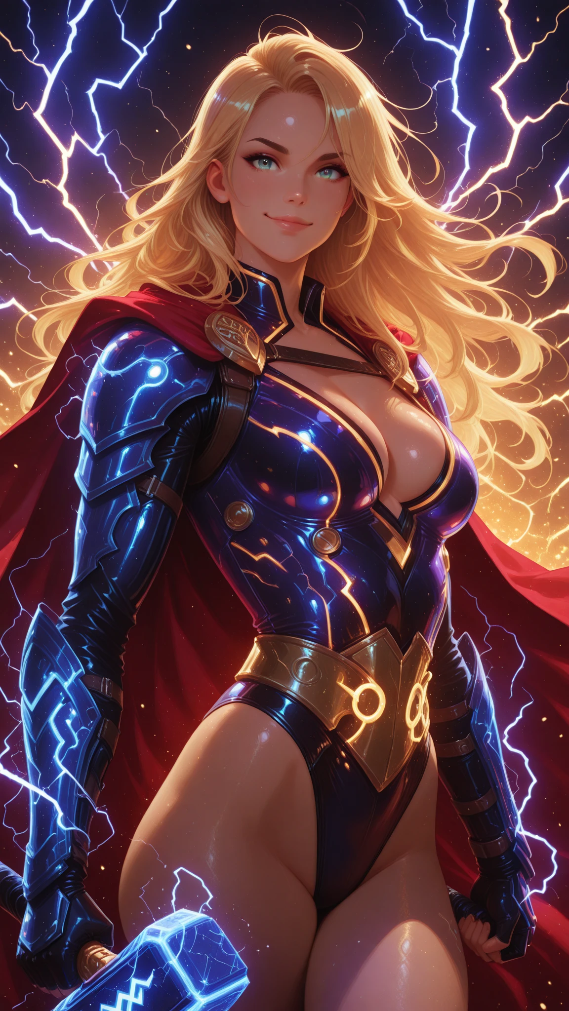 Masterpiece, ((330 lb)), the beauty of a goddess, enhancer image, ultra-detailed face, ((8 0 s art Marvel comic book cover:1.3)), ((front view)), blonde, ((elegant 80s style volumous hair)), vintagepr0n, ((fringe)), caucasian, ((sex seductive look)), ((Thor from Avengers)), ((detailed thor helmet)), cape, ((glossy skin)), 8 0 s atmosphere, ((oiled skin)), ((smiling)), MASSIVE MUSCLES, RIPPED, sweating, stunning, smooth, ((eyeliner)), simetric, ((wide hips)), ((hourglass waist)), perfect proportions, red lips, cleavage, ultra realistic, ((pubic hair)), thick, cinematic light, speech ballon, ((comic book panel background))