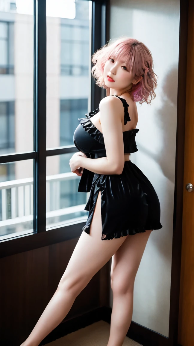 top-quality, masterpiece, 超A high resolution, (Photorealsitic: 1.4), ((sitting and spreading her legs))、Raw photo, KPOP Idol、Blonde Short Bob, Red lace underwear 、T back、 fishnet tights、Colossal tits、Opening Mouth、(Hands behind the head)、full body Esbian、a choker、high-heels、
