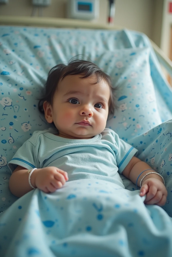 A baby peacefully sleeping with eyes closed, resting on their hand. The baby is dressed in a light blue, lying on a soft, light red blanket. The scene conveys a sense of calm and innocence.