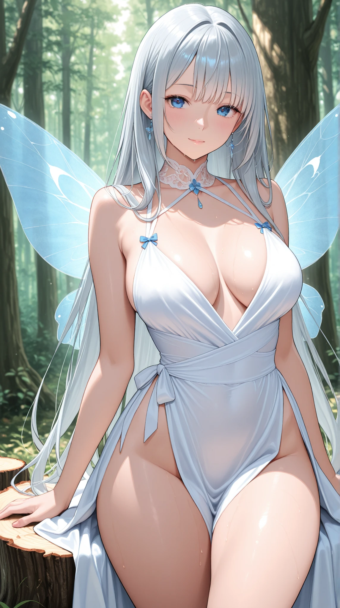 1girl, bangs, bare_shoulders, bird, blue_butterfly, blurry, blurry_background, blurry_foreground, blush, breasts, bug, butterfly, butterfly_on_hand, clothes_lift, collarbone, day, depth_of_field, dragonfly, dress, dutch_angle, elf, eyebrows_visible_through_hair, flower, forest, glowing_butterfly, grass, green_eyes, hair_between_eyes, head_wreath, jewelry, leaf, lifted_by_self, long_hair, looking_at_viewer, medium_breasts, nature, off-shoulder_dress, off_shoulder, outdoors, parted_lips, plant, pointy_ears, see-through, sidelocks, silver_hair, skirt_hold, solo, standing, sunlight, thighs, tree, underwear, very_long_hair, water_drop, wet, wet_clothes, wet_dress, white_butterfly, white_dress, yellow_butterfly <lora:style_Pale:1>