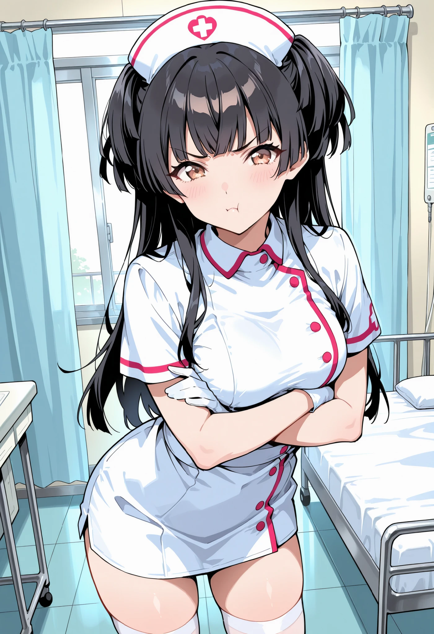 ((masterpiece,best quality,ultra detailed,highres,HD,4k:1.2)),
(large breast,large butt:1.2),1 cute girl,solo,
fuyuko mayuzumi, black hair, brown eyes, long hair,((two side up)),
((Nurse uniform, nurse cap, sexy nurse uniform, sexy cosplay:1.3)),
black bow, black bowtie, black ribbon, bow, bowtie,
(((full-face blush,blush,flown,angry,Glare,steam, sweating)),