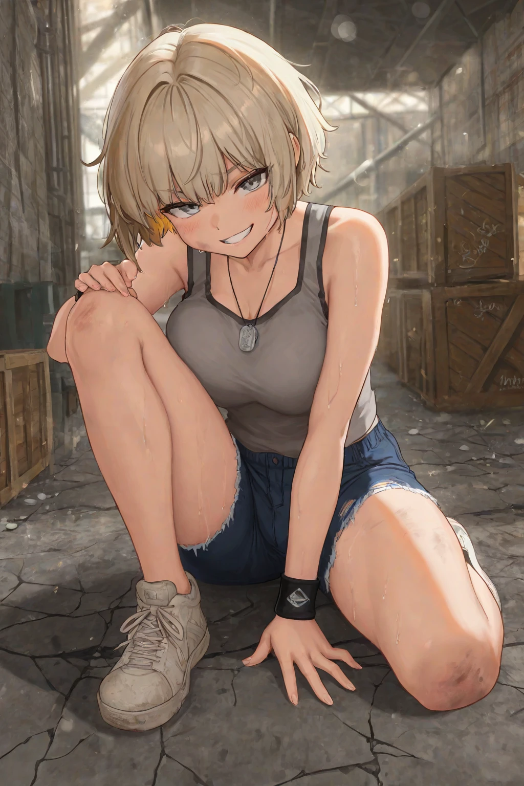 Only One Woman、Blonde、Sharp, pointed ears、Short Bob、short hair、Small size breasts、Flat Chest、Visible nippleini tank top dress、Tattered Dress、Wearing a light brown dress、barefoot、Urinating in a cave、Spread your legs、Squat positions、Open your mouth、Blushed face、Embarrassing、Squint your eyes、Shortness of breath、Suppressed、Handcuffs、Shackles、Bound in chains、Armpits、Armpit hair