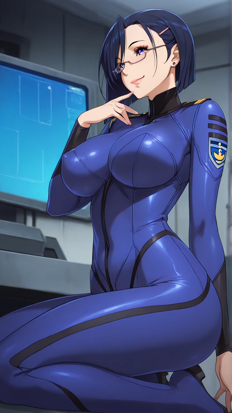 a beautiful young girl with short blue hair, a light smile, brown eyes, hair clips, lips, stud earrings, semi-rimless eyewear, wearing a glossy blue bodysuit, with a large buttocks and large breasts, (best quality,4K,8K,highres,masterpiece:1.2),ultra-detailed,(realistic,photorealistic,photo-realistic:1.37),highly detailed face, extremely detailed eyes and face, long eyelashes, smile，beautiful detailed eyes, beautiful detailed lips, concept art, cinematic lighting, vibrant colors, hyper-realistic, ((Underrim glasses))