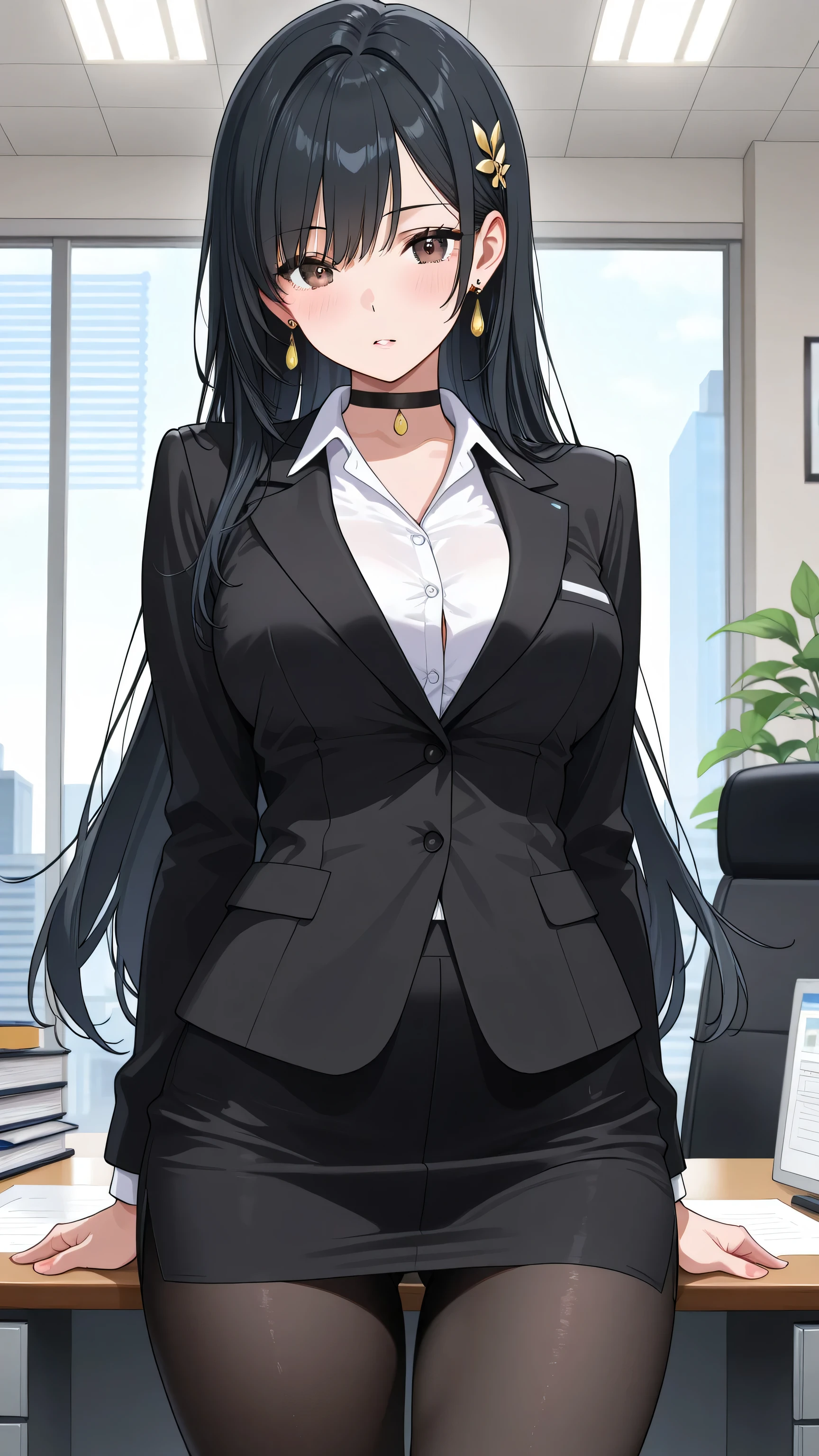 Highest quality, flying debris、Beautiful woman、officeレディー、Black Hair、(Brown eyes、Big Breasts、Blunt bangs)、Long Hair、チェック柄のダークブルーのofficeスーツ)、new employee,Full Body Shot、Female office lady、break(Dark blue checked vest、White dress shirt、Navy blue mini tight pencil skirt:1.2)、(Black Pantyhose、garter belt、High heels)、break(office:1.3)、Cleavage、Shirt buttons fly off、