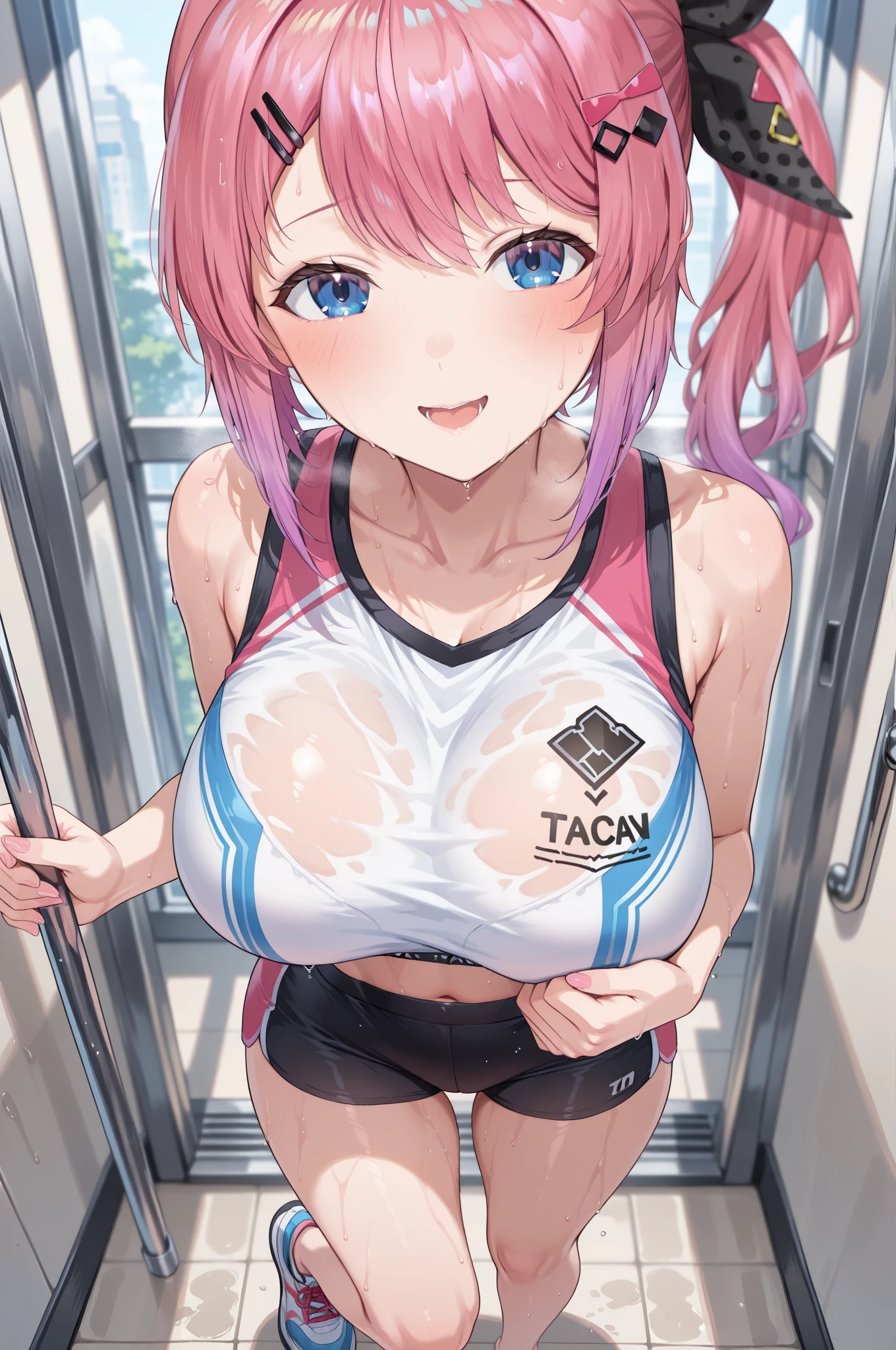 pink hair, short twintails, hair bobbles, star hair ornament, asymmetrical bangs, short hair, purple eyes,, , empty eyes , large breasts, 独奏, nipple, ride a bicycle, , Heavy snowfall area 凍結 wet crying 山 独奏