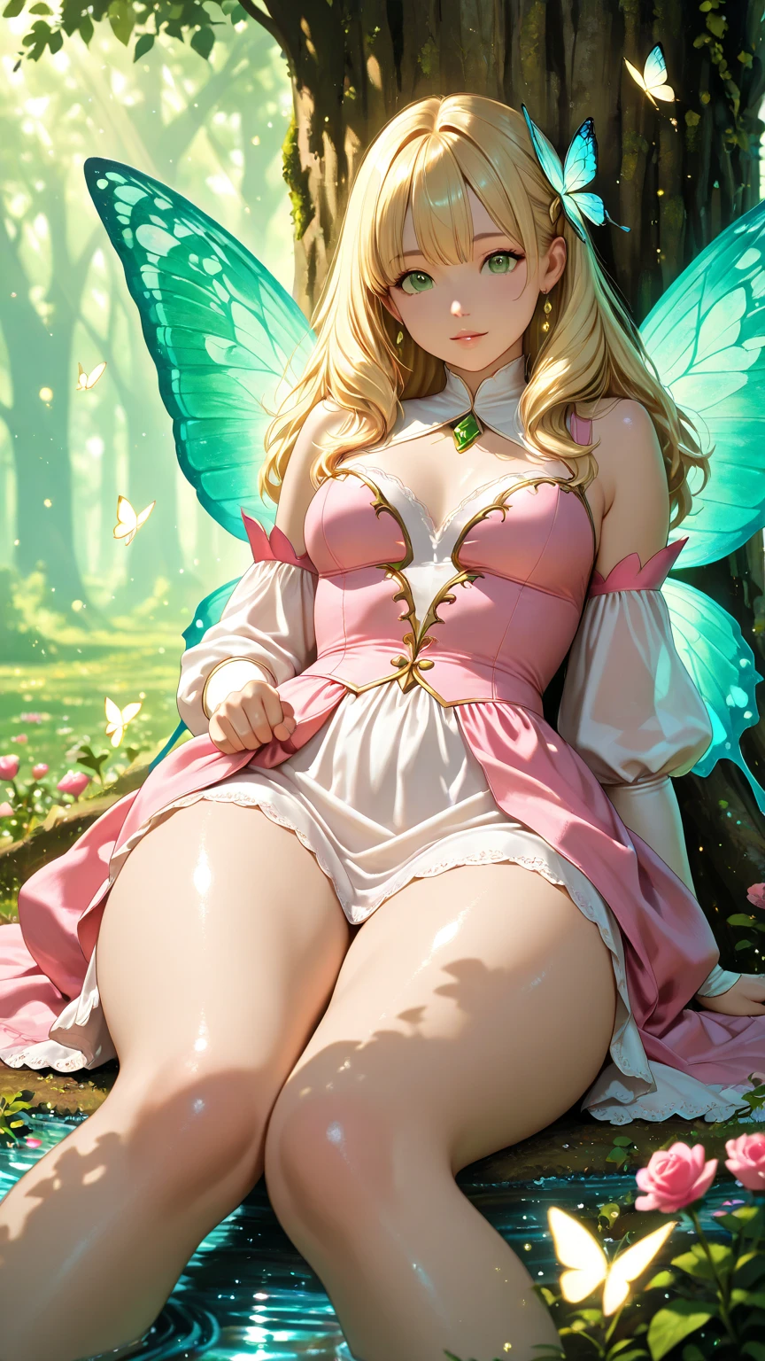 A woman with white angel wings Elf Wearing a pale pink lingerie-like one-piece Beautiful woman with wings Kawaii Beauty Realistic watercolor Realistic Hyperrealistic Realistic anime art Photorealistic anime 2.5D Soft Light Soft Color Pastel Color Natural Anime Face 