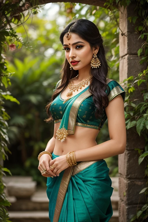 (masterpiece portrait photography:1.3) of a (solo:1.3) ravishing alluring curvy chubby arabian princess woman Aishwarya Nair ,posing in a ornate arabian garden, wearing nikaab, cape & sheer harem pants, navel, (ravishing wavy backlit hair), cinematic , lustful glance, (deep intricate eyes:1.3), (passionate expression:1.3) dramatic lighting, depth of field, backlit, light rays, highly detailed, trending on artstation, paint splashes, rich colour, mythological portrait, by Guweiz & greg rutkowskiIn the garden with a king