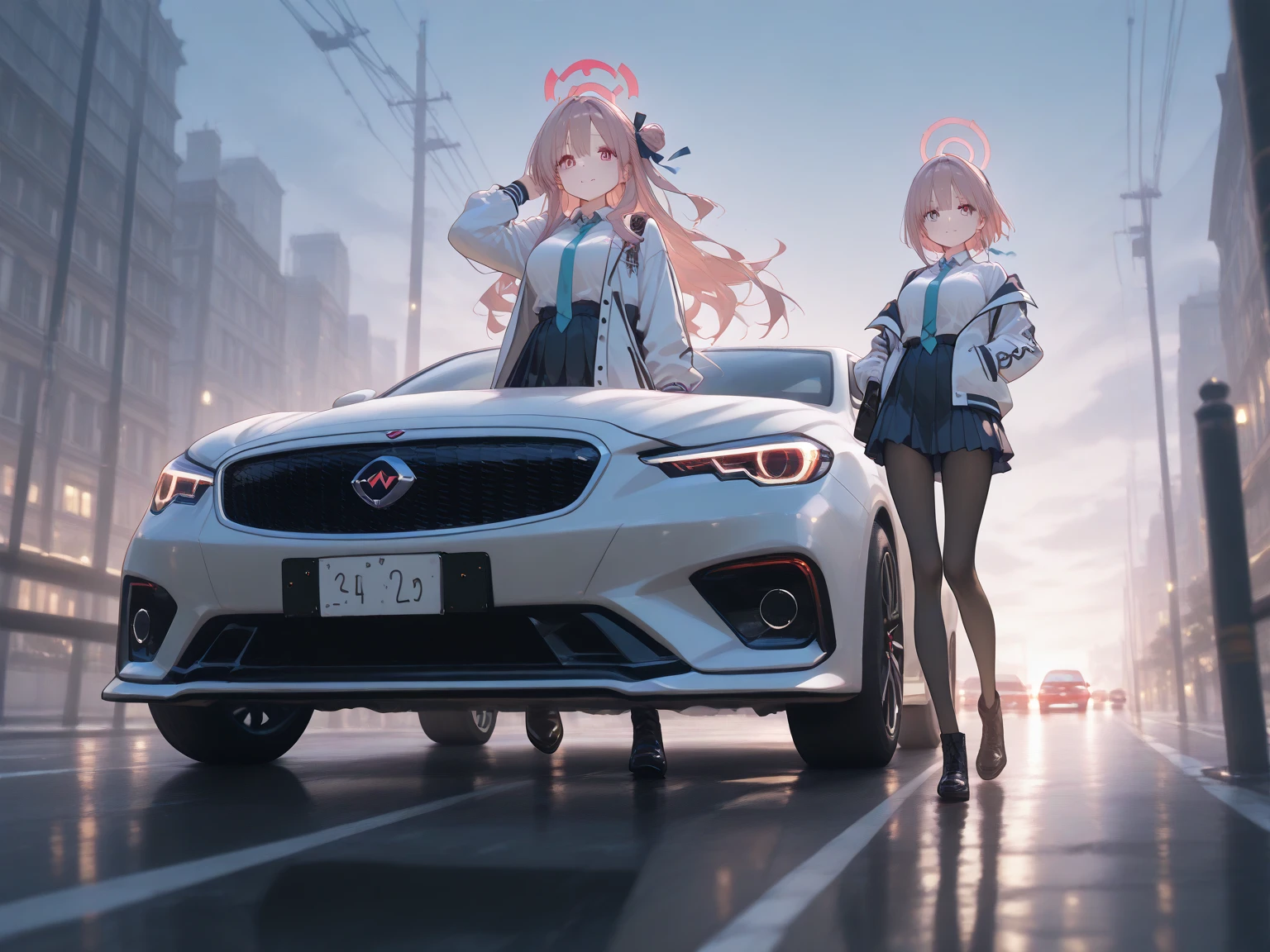 A car full of Hatsune Miku gallops down the wide road. The car is multicolored and its luster is shining with the sun. Beautiful clouds float in the twilight sky.