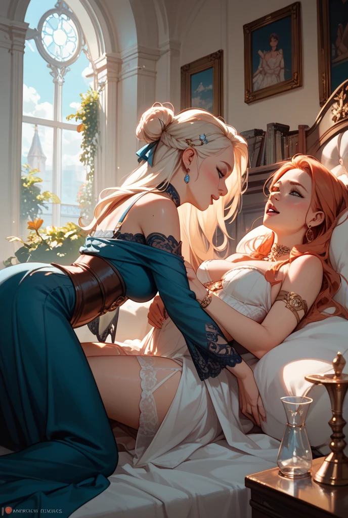 A redheaded woman sings, dressed only in veils, dancing on the moon as she dreams, painting of the moon's craters, many inappropriate objects, lots of intimate underwear, fishnet stockings, lace bolero, books, make-up accessories, surrealist painting, magic realism, bizarre art, subtitle at the bottom of the picture "Où est mon ami Pierrot?" in beautiful blue and gold letters.
