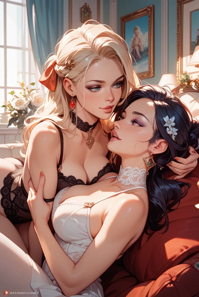Two women embracing in bed, kiss, making out Passionately, lips touching, Hold me tight, kiss, Passionate, erotic, Glossy skin!!, Shiny silver, ((beautiful skin)),((skin texture)),((Real Touch)),healthy, Ruddy, looking at camera,Emphasized thighs,beautiful clavicle,((Embellished Detail Bra,sensual)),flushed face,Feel your breath,(1 female:Cute freckles on the cheeks,Mole under left eye),, Gweiz on pixiv artstation, in the style of Ross Tran, Ross Tran著, Fun and fuss, Gweiz, Ross Tran style, Ross Tran. scenic background