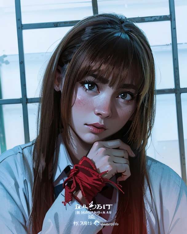 High quality image, masterpiece, detailed hair texture, detailed skin texture, detailed cloth texture, 8k, ultra detailed skin texture, ultra detailed photo, skin pores, portrait of a girl, wearing suit, add fabric details, realistic fabric texture, realistic skin texture, yellow eyes, blood on face and body, red hair, a chain around