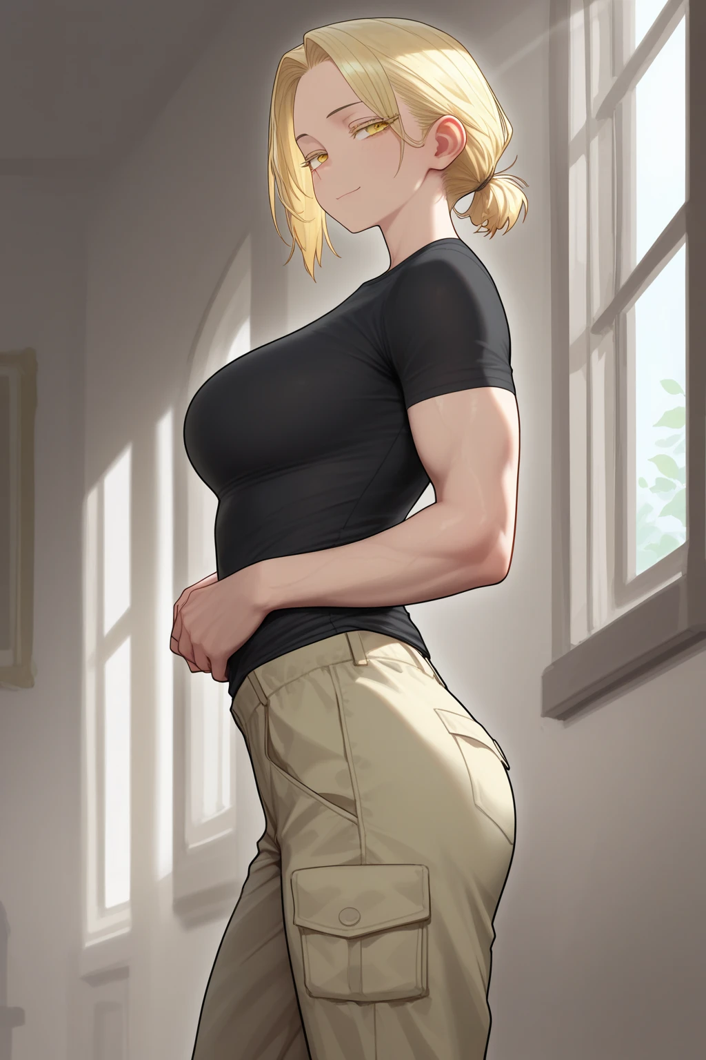 unparalleled masterpiece, 8k uhd, perfect artwork, mature woman, riza, blonde hair, brown eyes, hair up, photo, anime, ((white panties)), tight black tshirt, crop top, turtle neck, short sleeves, no pants, black thigh highs, in bed, blush, wide hips