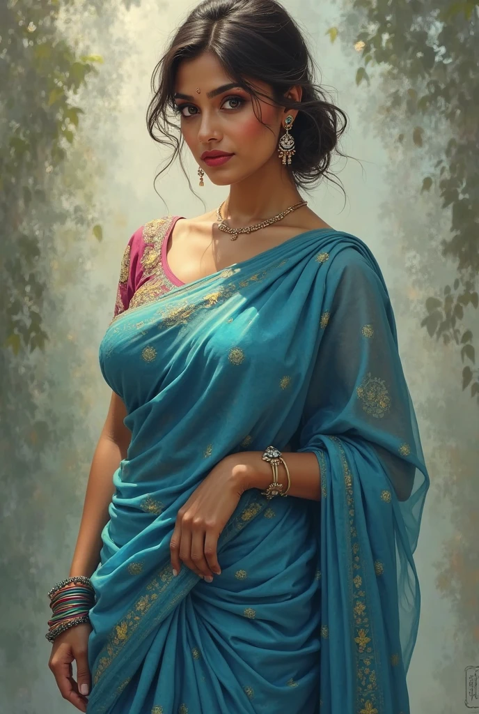 Beautiful painting of a woman in a sari with a necklace and earrings, beautiful thick figure, Thick curvy beauty, looks like Sandeepa Dhar, inspired by Raja Ravi Varma, szukalski ravi varma, portrait of a beautiful goddess, by Raja Ravi Varma, indian goddess, traditional beauty, a stunning portrait of a goddess, inspired by T. K. Padmini, indian art, indian goddess of wealth, portrait of a goddess