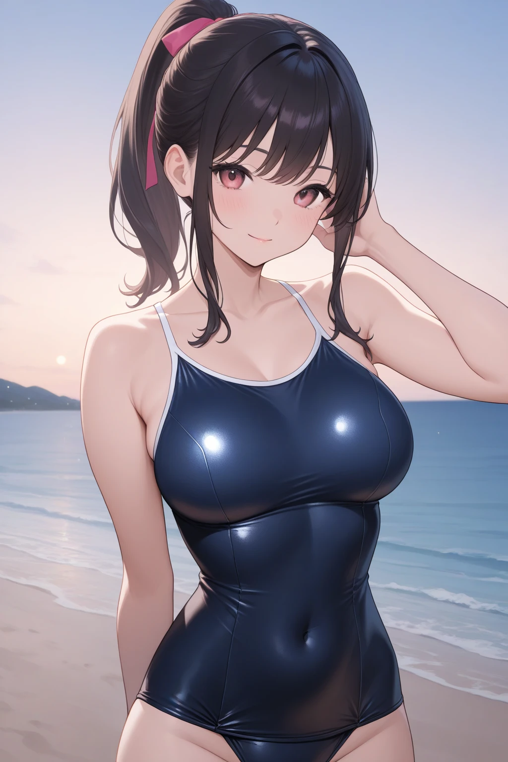 (masterpiece:1.3, Highest quality, Ultra-high resolution, Very detailed), (Realistic:1.1, photoRealistic:1.4), Beautiful illustrations, Perfect lighting,Written boundary depth, Beautiful detailsまでこだわった髪, Beautifully detailed face, Beautiful details, Beautiful clavicle, Beautiful body, Beautiful and juicy breasts, Beautiful thighs, Beautiful feet, View your viewers, 1 girl,Perfect Face, (Perfect Anatomy, Anatomically correct), Cute and symmetrical face、Baby Face、((Shiny long hair)),(Beautiful views),(Outdoor, Blurry cityscape),(かわいいsmile, smile)、Sexy Body、(masterpiece),(Highest quality:1.3),8k,Very clear,(Ultra-realistic), One Girl,Wide Shot,((Very large breasts)),Wide Hips,Beautiful feet, Captivating woman,(masterpiece、Highest quality、Very detailedな)、((Short Hair))、((Short black hair))、((Updo))、((black eye))、((Very large breasts))、((((High leg competitive swimsuit))))、((vaginal muscles))、((Raise your arms above your head))、((blush))、Cowboy Shot