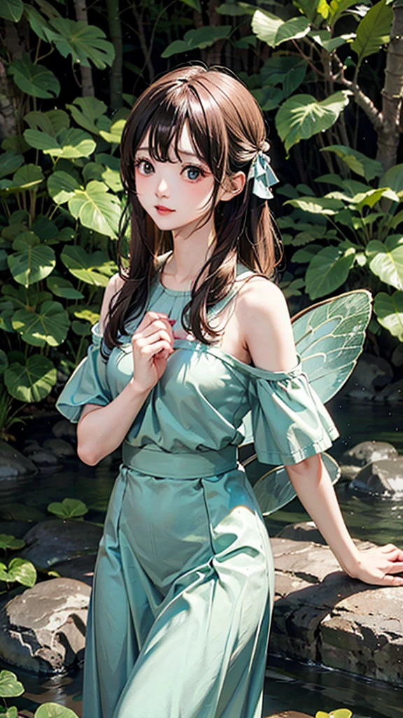 cute little Mermaid, mermaid,Big angel wings, Angel Wings, Gradient long hair, Pointed ears, Flower crown, Dress made of leaves, Leaf dress, Lots of flowers, Leaves, Sitting on a big leaf, Leaves, Big flower, Flower crown, Sunshine, Sitting, Sparkling, Light, Smiling gently