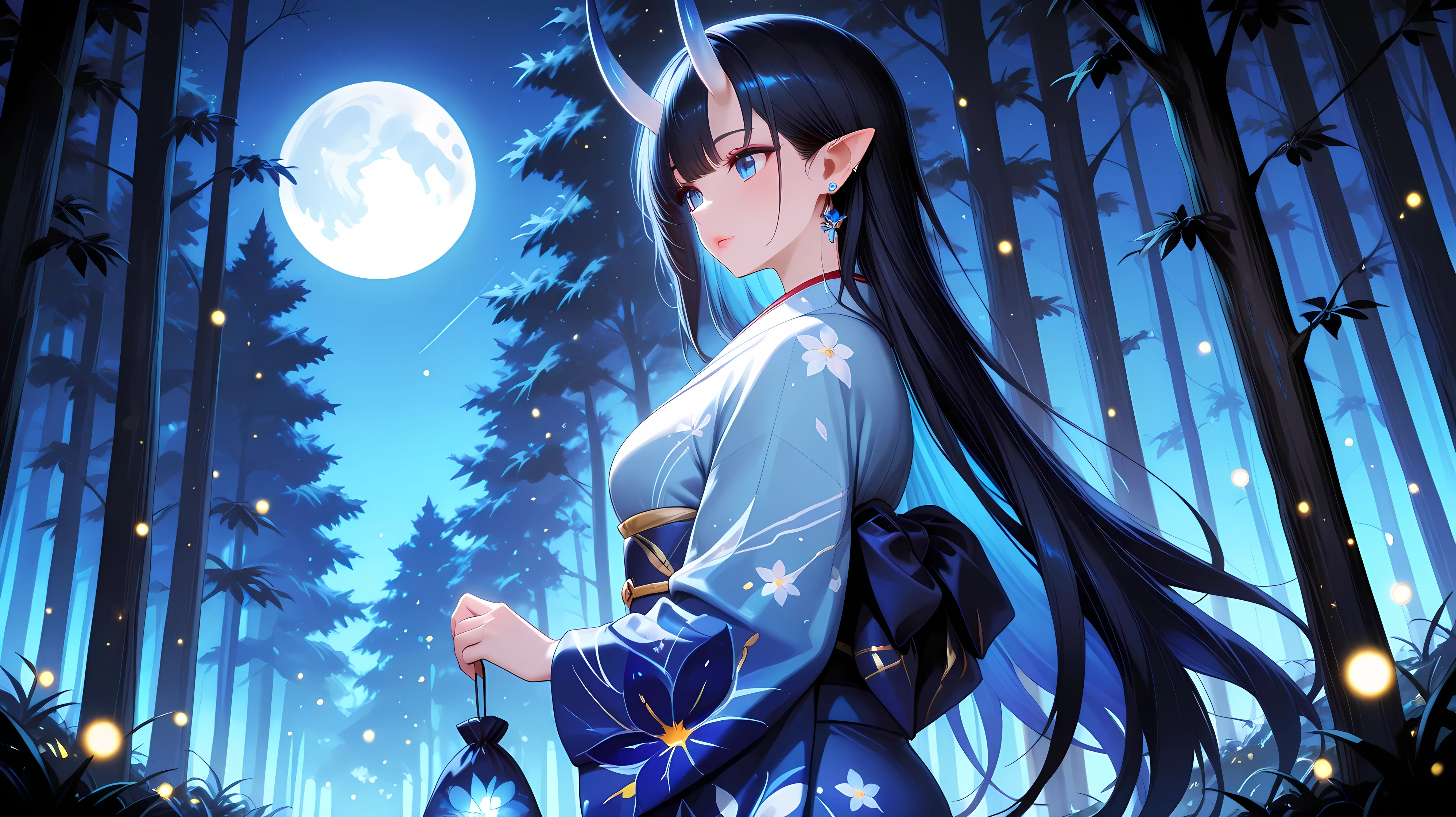 detailed eyes,anime eyes,high detail eyes,multicolored iris,detailed iris,, 1 girl, solo, face, pretty face, blue eyes, holding an buttlerfly, kimono, jewelry, earings, bright oni horns, pointy ears, big lips, long hair, black hair, blue, blue filter, forest, trees, night time, fireflies, full moon, 8k, UHD, Ultra quality, HDR, Dynamic lighting, high detailed, centralized