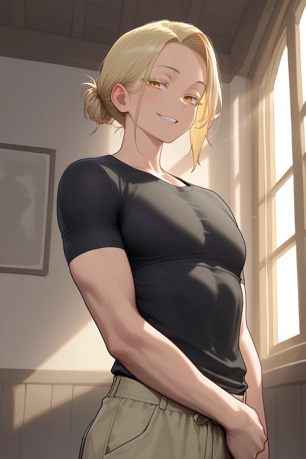 (masterpiece, best quality:1.1), dross, (1boy, otoko no ko:1.1), male focus, solo, (penis, erection:1.16), stretching, arm out, looking at viewer, upper body, blush, loose clothes, pink background, simple background, caleb_\(dross\)short hair, blonde hair, freckles, hair over one eye, pink shirt, shirt