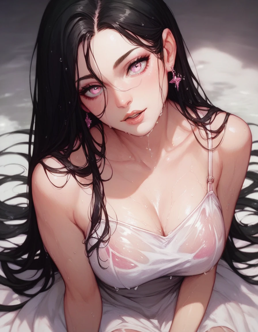 best quality, masterpiece, highly detailed,1girl, Boa Hancock, , (masterpiece:1.5), Detailed Photo, Smiling, Sexy, (8K, Best Quality: 1.4), (1girl), Beautiful Face, (anime realistic Face), (Black Hair, long Hair: 1.3), Beautiful Hairstyle, Realistic eyes, beautiful detail eyes, (white skin), beautiful skin, absurd, attractive, ultra high resolution, ultra realistic, high definition, golden ratio, (sexually aroused:1.5), Pinkish white skin, cool white light, Beautiful , white background, pink soft white light, (Wear a black bra:1.5), (messy hair:1.8), (???????:1.8)