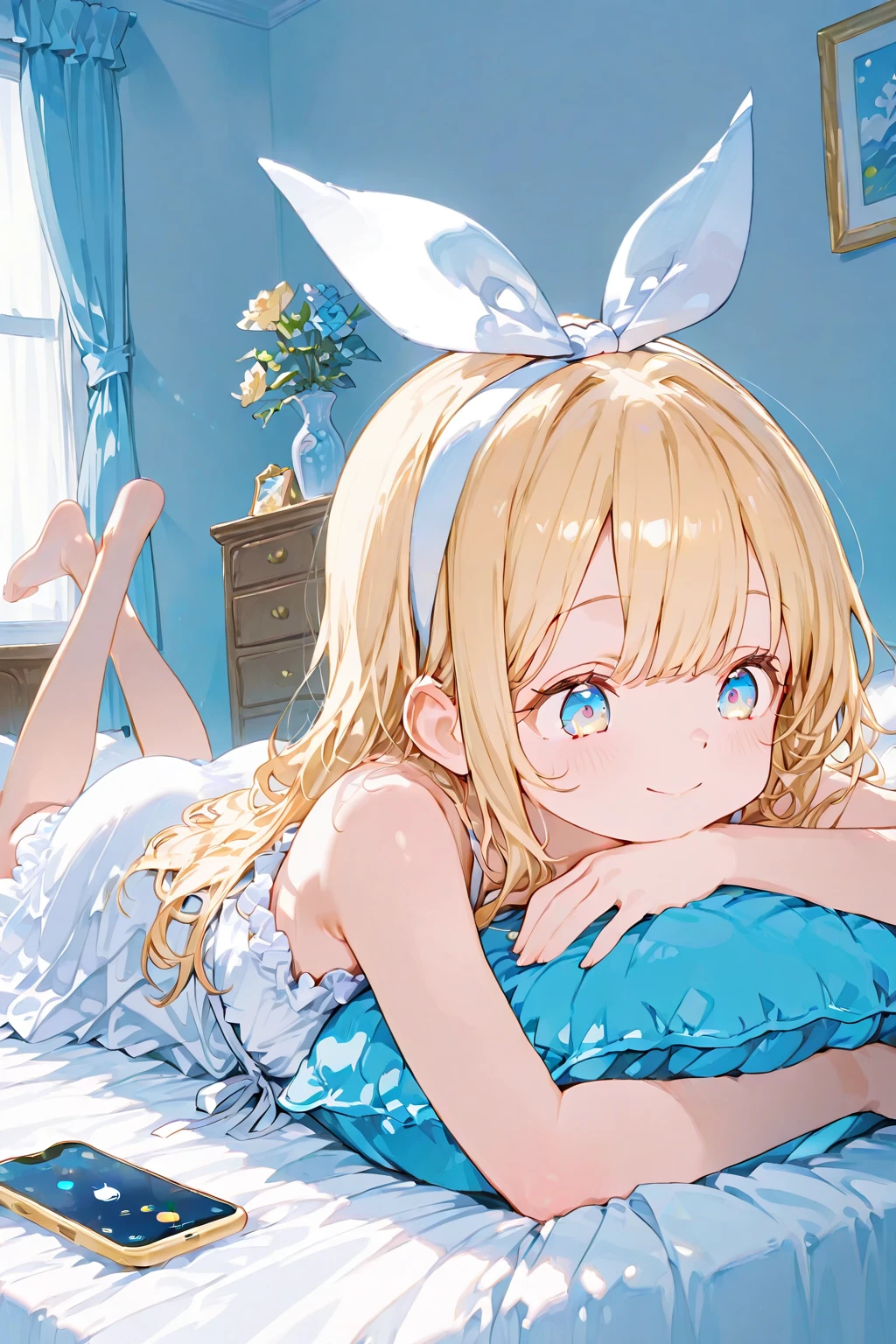 1girl, The fox girl,bangs, bare shoulders, blonde hair, blush, bow, breasts, white cleavage, cropped torso, , eyes closed, asleep, mouth slightly open, in bed, red lamp illuminates the room, hair ribbon, heterochromia,  stlooking at viewer, , orange bow, orange eyes, orange ribbon,  stuffed toy, twintails, upper body, full-length, white legbands, white shoes with lace and white bows, white background, wrist cuffs, yellow eyes, bloomers, close-up, fair skin frills, lace, midriff, skirt, solo, , white background,shorts, white top with ribbon and lace and trousers,trousers, genshin,white slippers with a bow,All clothes are white, laceAt full height, it stands, 