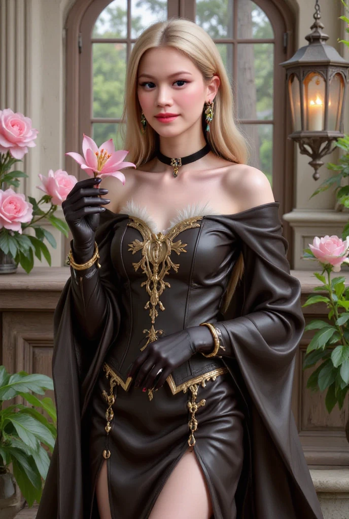 DesenharGarotaComArmaduraERosa.exe -description "garota linda, perfeita, medium breasted, cabelos brancos, armadura escura com tom esverdeado, holding a beautiful black rose of a very rare species"
