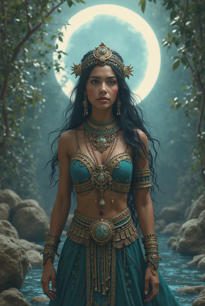 Create an image of a mystical snake woman, or Nagin, with long, flowing hair and piercing eyes that captivate and enchant. She is adorned with intricate jewelry and stands with a majestic seven-headed snake behind her, each head poised and watchful. The setting is a mystical forest at dusk, with an ethereal glow illuminating her figure. The background is filled with lush greenery, ancient trees, and a hint of magical ambiance