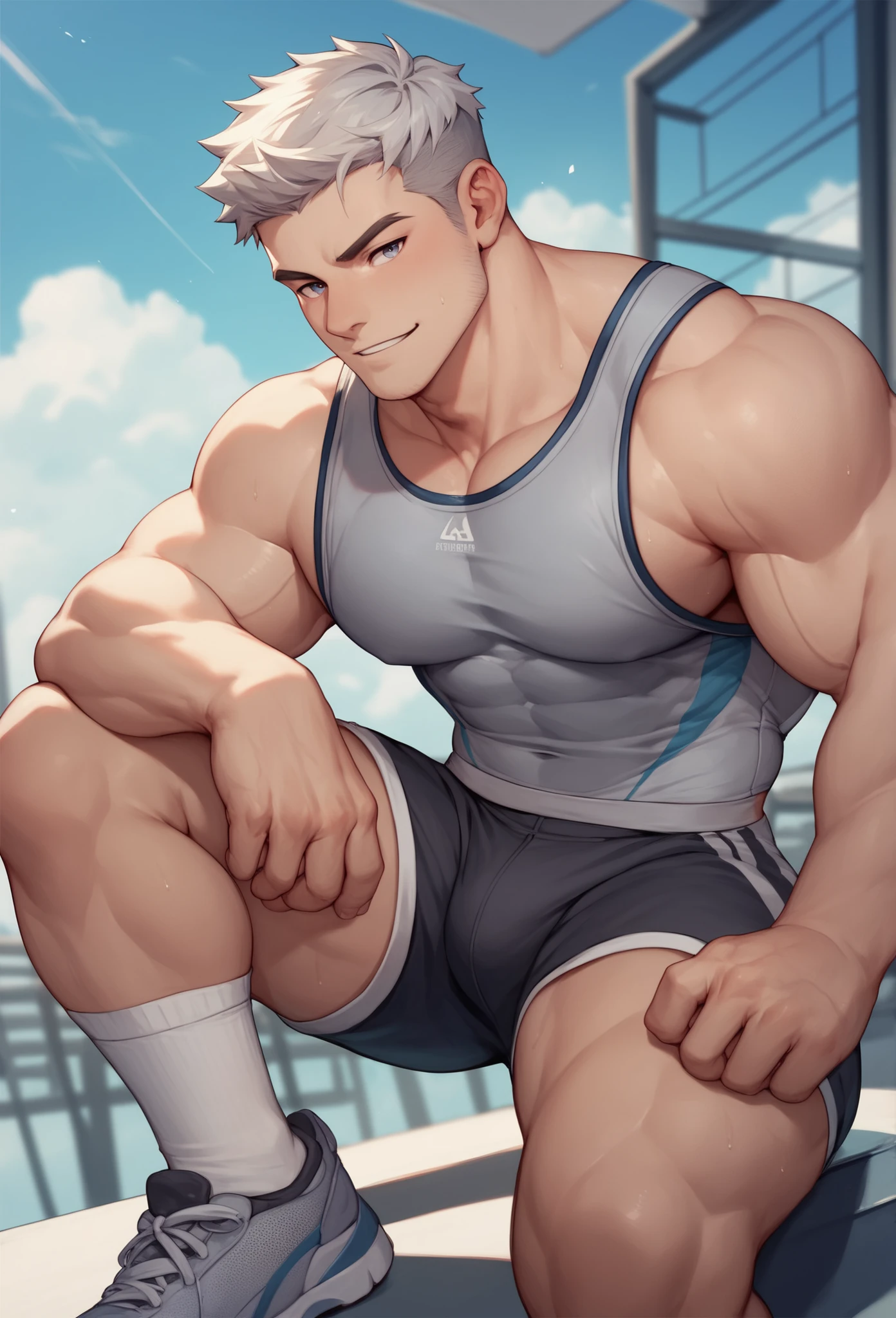 A muscular man in gray tight sportswear and high white socks sticks out a big dick