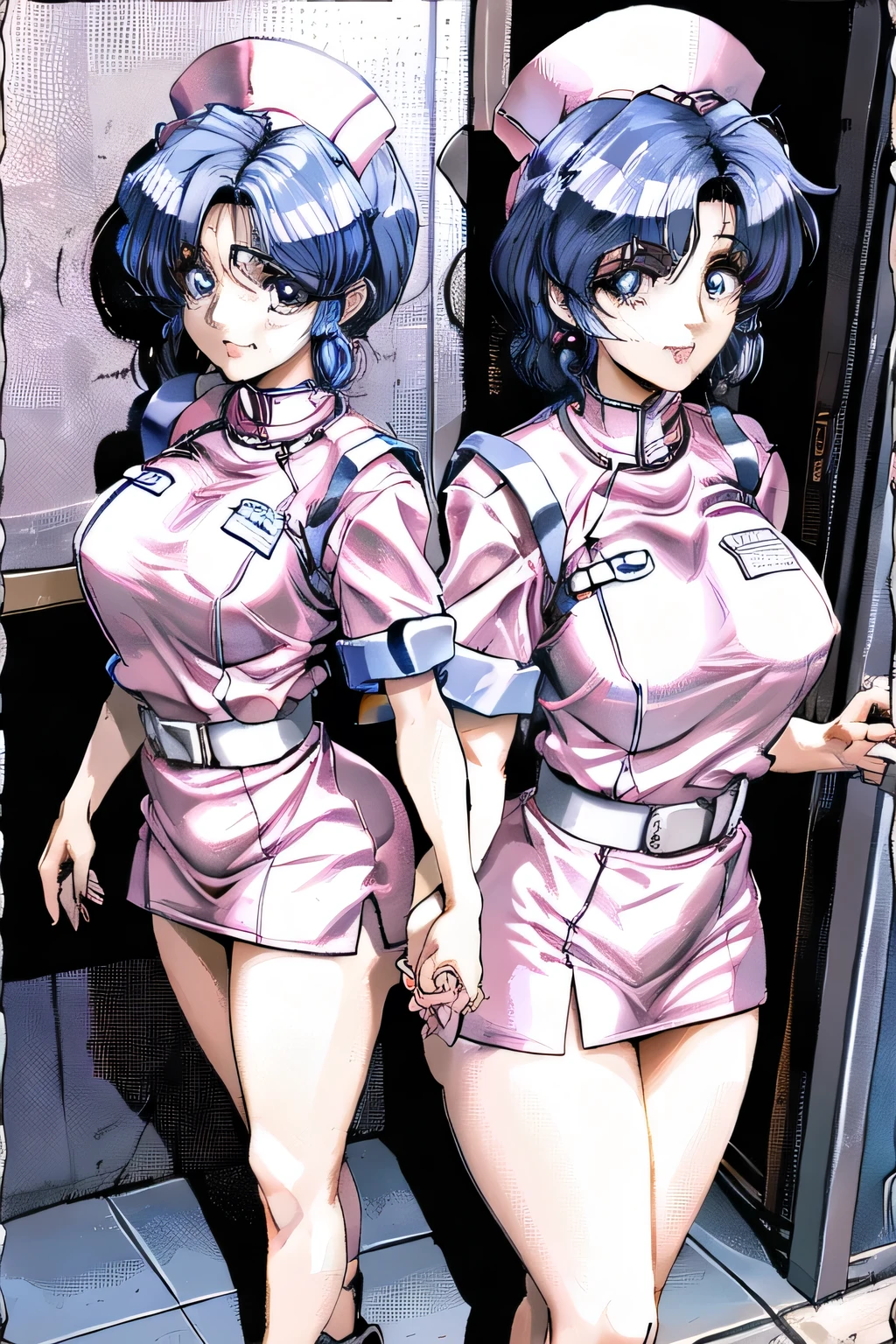 Late night hospital,can you draw a woman wearing a nurse costume，white huge breasts nurse costume，白いminiskirt，white nurse sandals,standing，I wonder if I can draw a more delicate expression than，amazing thighs ，Beautiful legs，draw a relaxed and smiling expression，nice smile，More Delicate 表現が描けるかな，beautiful woman with big boobs，，（       A woman with short blue hair ）,           with big breasts，big breasts but thin waist，don't trim her face。your face is a top priority。，amazing thighs ，Beautiful legsminiskirt女性を描けますか，，miniskirt，High Heels，,More Delicate 