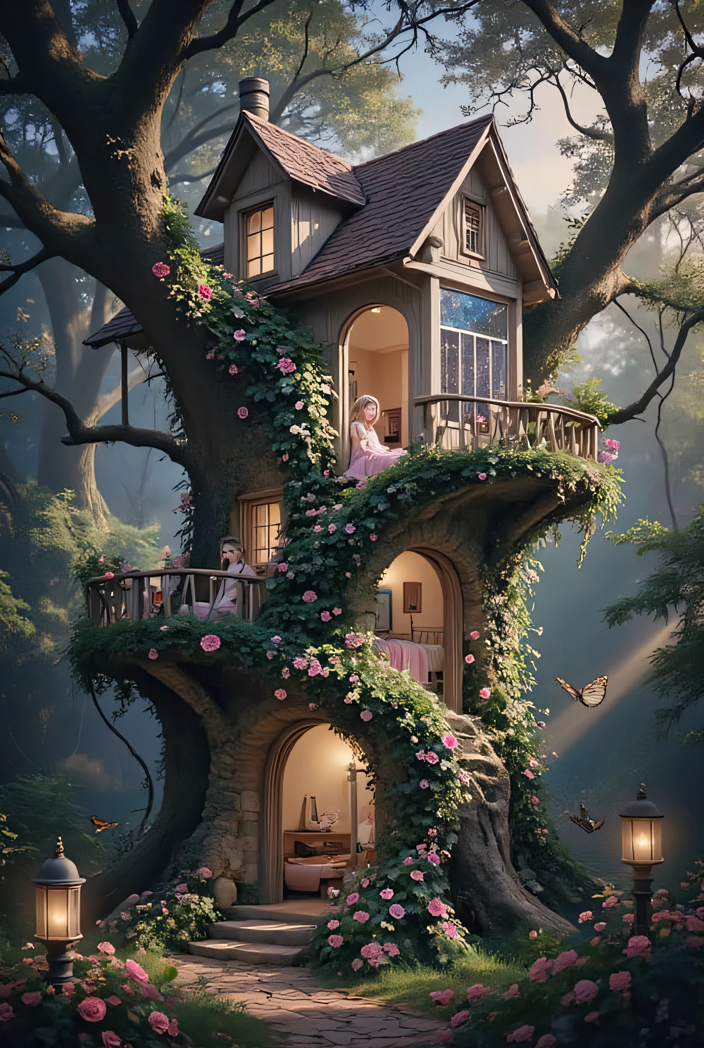 ultra detailed, fairy dormitory tower, flowering vine architecture, acorn beds with silk sheets, starlight through window, detailed fairy furniture, glowing moss lamps, butterfly messengers, professional fantasy illustration