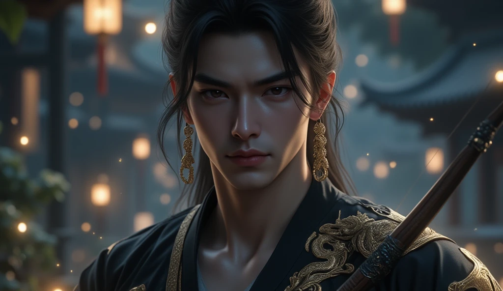 long hair, chest abs, gufeng male