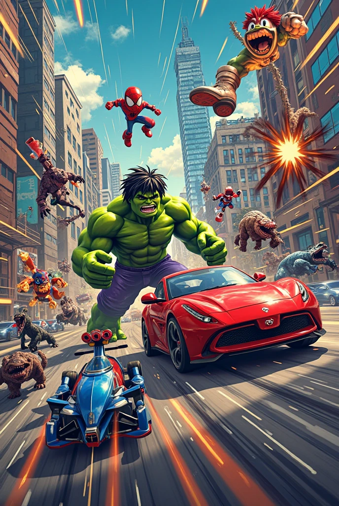 Aquaman qui roule sur Hulk avec une voiture