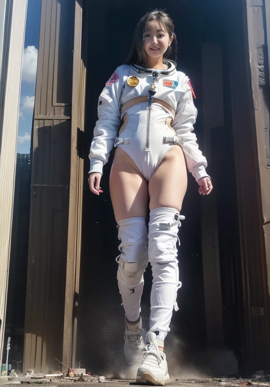 one girls , Young , A view from below , Short Hair Hair , black hair , spacesuit , White spacesuit , Pop visible , naked butt , girl in a spacesuit , hiquality , Dark tones