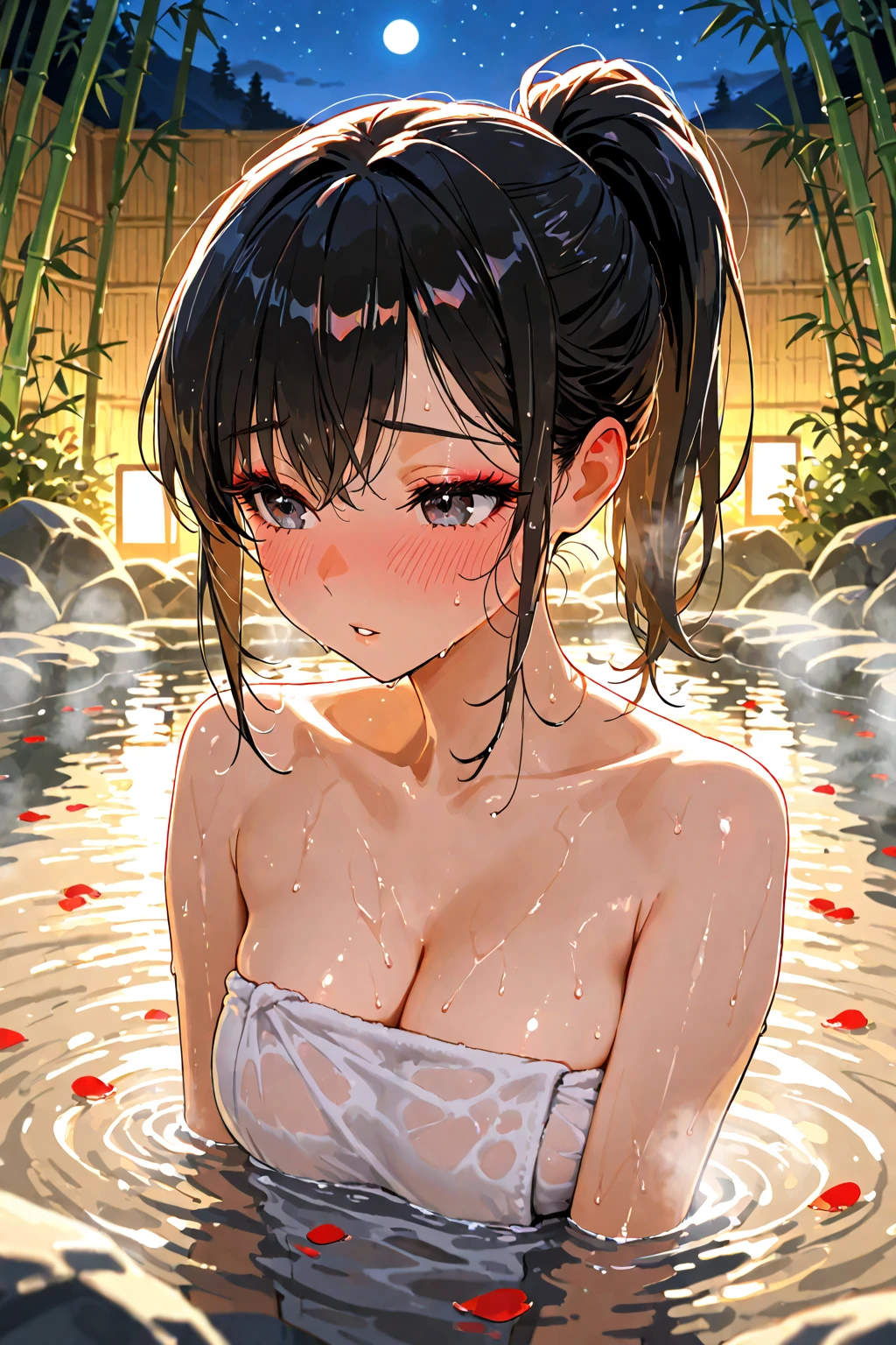 A hot spring resort in the mountains of Japan,背景のbeautiful山々,(Hot water smoke obstructing the view Water vapor rising from the bathtub:1.3),(Rock bath open-air bath:1.3),(Take a deep shoulder soak in the open-air bath:1,3),Upper body naked,Immaculate tube top bra,Blushing、Laugh shyly、(beautiful)、(Long black hair、hairpin、Floating Hair、)huge 、Large Breasts、blush with embarrassment、Dreamy eyes、A smile that captivates the viewer、Take a look at the photographer、Sweaty skin、Staring at the audience,necklace、Earrings、Pointed red mouth,Perfect round face,,Proper body balance,Intricate details,とても繊細でbeautiful髪,Photo Real,dream-like,Professional Lighting,Realistic Shadows,Focus Only,beautiful手,beautiful指,Detailed characteristics of the fingers,Detailed arm functions,Detailed clothing features,Detailed hair features,Detailed facial features,(Tabletop,Highest quality,Ultra-high resolution output images,) ,(8K quality,),(Picture Mode Ultra HD,)