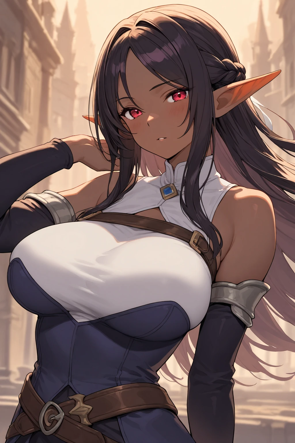 1 elf woman,((with long brown hair)),((with blue eyes)),((very huge breasts)),((very thin cloth covering her breasts, a very thin cloth covering her pussy)),(( with a kind and cute look, with a slight gentle smile)),((standing facing the viewer, on the medieval street))
