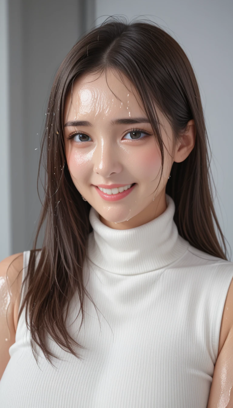 (Highest quality, 4K, 8k, High resolution, masterpiece:1.2), Very detailed, (Realistic, photoRealistic, photo-Realistic:1.37)、smile、Japanese、(Navy blue high neck sleeveless shirt)、(((Bukkake)))、Lips parted,