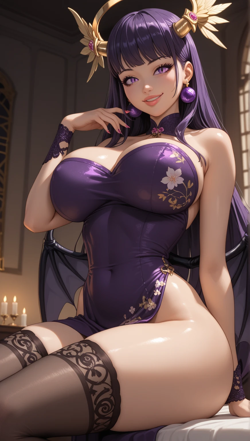 (masterpiece:1.5), (bestquality), (highlydetailed), (ultra-detailed), (1girl:1.2), ((solo girl)), ((black long hair)), ((hime cut)), ((blunt bangs)), ((pink eyes)), ((sexy slim hourglass figure)), ((large breasts)), ((sexy juicy lips)), ((pouty lips)), ((wearing dark purple dress)), ((pink rose on hair)), ((showing cleavage)), ((posing seductively)), ((best composition))
